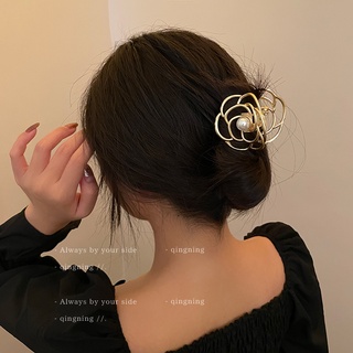 DREJEW Kẹp tóc hình hoa trà bằng kim loại đính ngọc trai kiểu Hàn Quốc thanh lịch cổ điển cho nữ