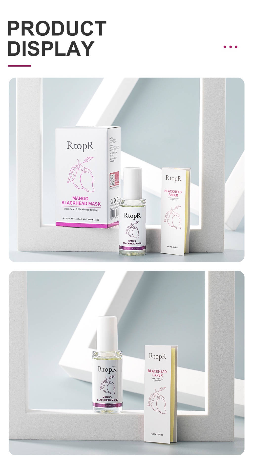 Mô tả RtopR Mango Blackhead Remover Mask  Mặt nạ xoài RtopR kèm 50 giấy lột/ serum loại bỏ mụn đầu đen và thu nhỏ lỗ chân lông - 10