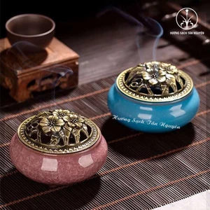Lư xông gốm sứ màu ngẫn nhiên, tặng kèm lót chống cháy, dùng cho nụ trầm, nụ hương bài, nụ bồ kết, nụ vỏ quế