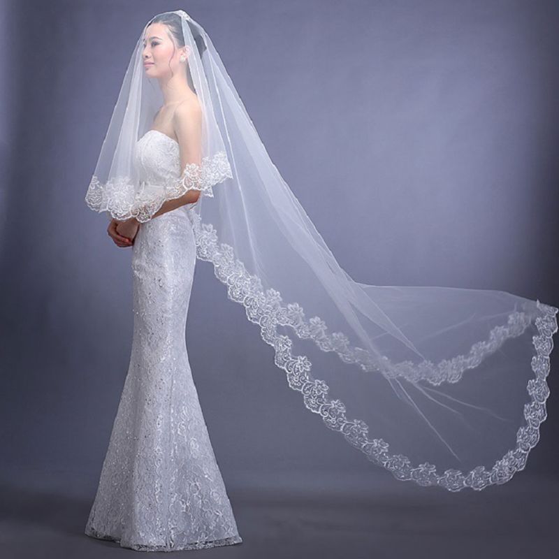 Pealike Women Pure White Wedding Veil cho viền vỏ sò thêu hoa dài