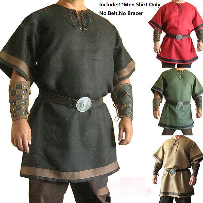 Nam Thời Trung Cổ Norman Viking Trang Phục Halloween Tay Ngắn Áo Dài Áo Sơ Mi