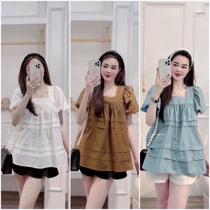 Áo cổ vuông, Áo babydoll cổ vuông bánh bèo tay siêu xinh  AO0101 (2)