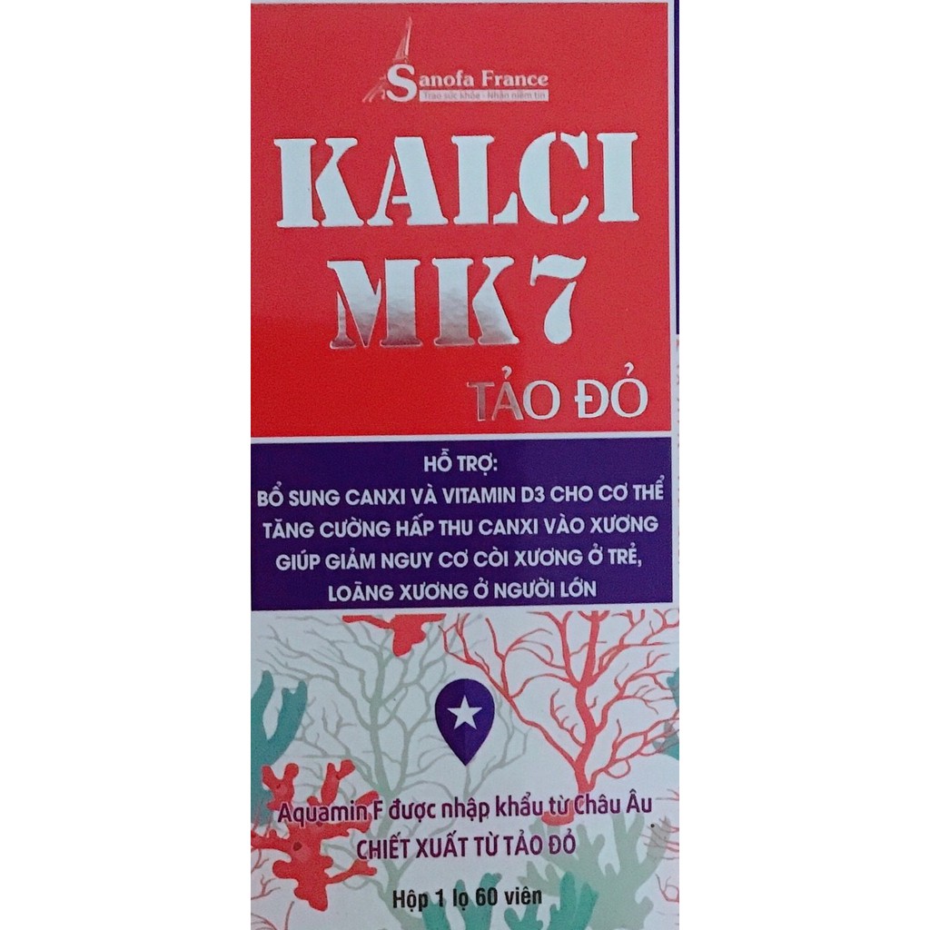 Kalci MK7 Tảo đỏ Hộp 1 lọ 60 viên Bổ sung canxi và vitamin D3 cho cơ ...