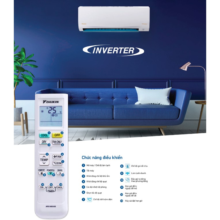 Ảnh Remote ARC480A36 cho máy điều hòa Daikin ATKQ25/35TAVMV, CTKC25/35RVM, CTKC25/35RVMV, FTKQ25/35/50/60SAVMV, FTKQ25/35SVM 3