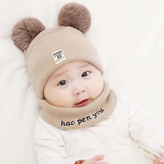 Mũ cho bé💚CAM KẾT CHUẨN💚Sét Mũ len 2 quả bông kèm khăn cho bé ( loại khăn +mũ)