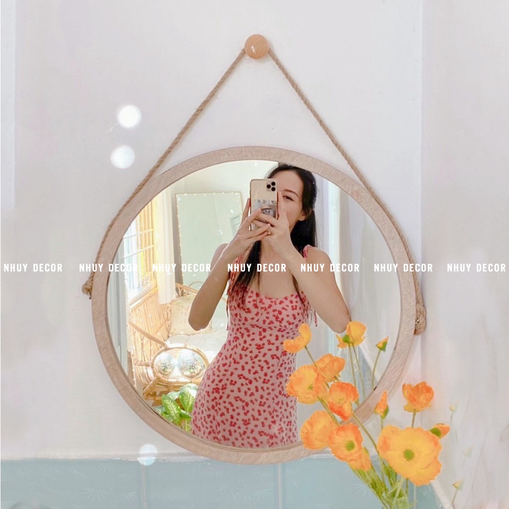 Gương Treo Tường Khung Viền Gỗ Trang Trí Nhà Tắm Spa Nail Đường Kính 55 - 60 cm