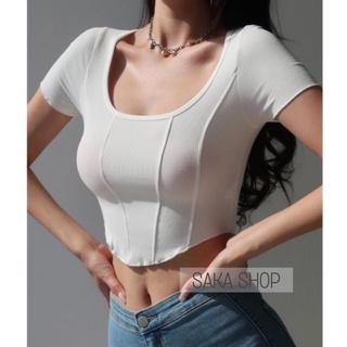 Áo thun croptop tay ngắn cổ vuông tôn dáng