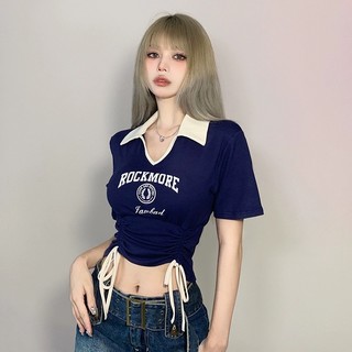 ZHELIHANGFEI Áo Croptop Tay Ngắn Cổ Polo Phối Dây Rút Thiết Kế Quyến Rũ Cho Nữ