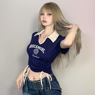 ZHELIHANGFEI Áo Croptop Tay Ngắn Cổ Polo Phối Dây Rút Thiết Kế Quyến Rũ Cho Nữ