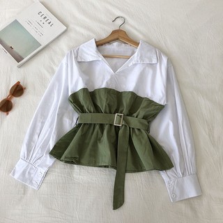 Phong cách hàn quốc nữ nữ dài tay eo áo sơ mi áo baju wanita lengan panjang + thắt lưng