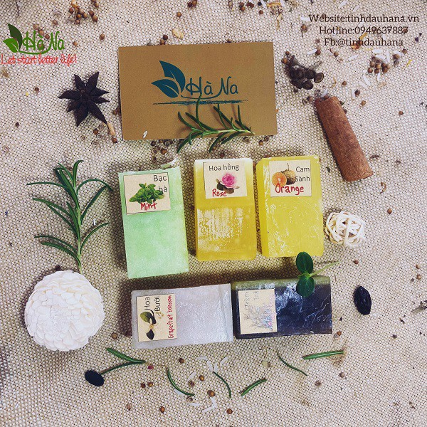 Combo 5 vị xà bông mini size - Tinh Dầu Hà Na- giúp bạn rũ bỏ stress, lớp da chết, mụn cám, căng thẳng, xua đi mệt mỏi
