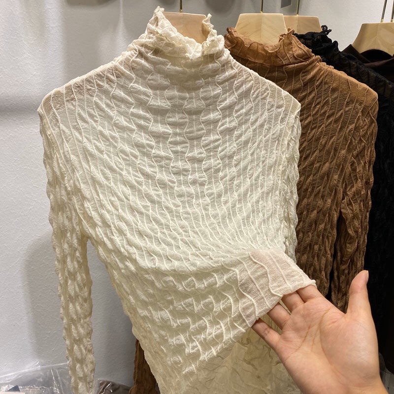 Milyfashion Cổ Cao Lưới Đế Mùa Thu Bên Trong Trận Đấu Phong Cách Mới Trong Suốt Ren Dài Tay T Họa Tiết Vải