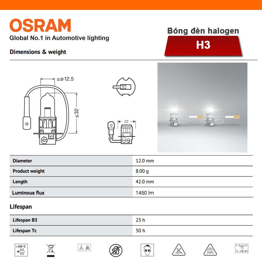 Bóng Đèn Halogen OSRAM Original Dùng Cho Xe Oto Xe Hơi Chân H3 12V 55W 64151-01B - 3200K 1450LM
