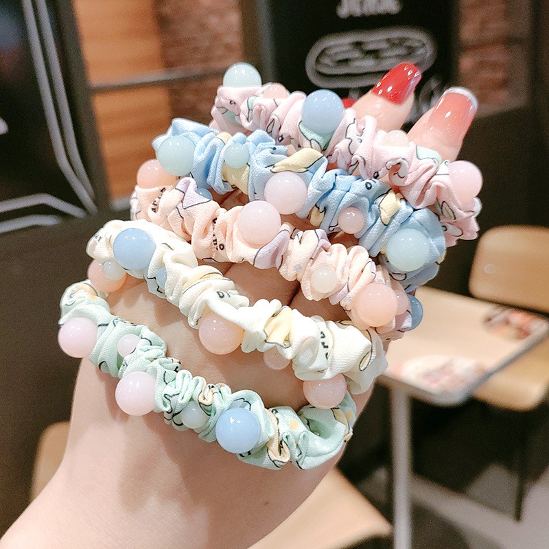 Vòng/Dây buộc tóc scrunchies họa tiết đáng yêu gắn ngọc thạch phong cách Hàn Quốc - Hàng cao cấp