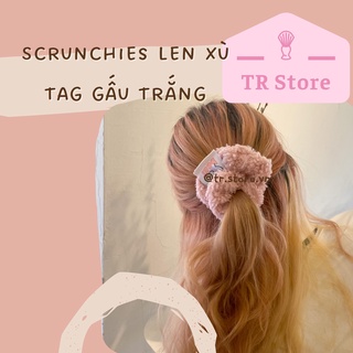 Scrunchies len xù tag gấu trắng