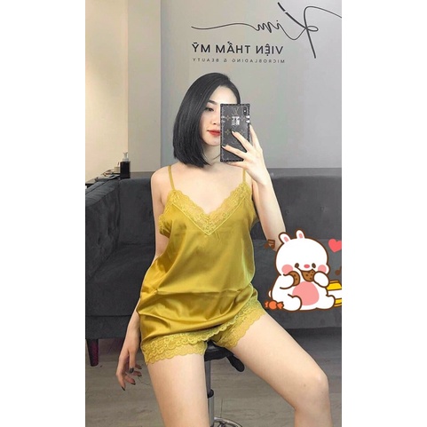 Bộ ngủ lụa hai dây sexy cao cấp Bộ mặc nhà siêu quyến rũ