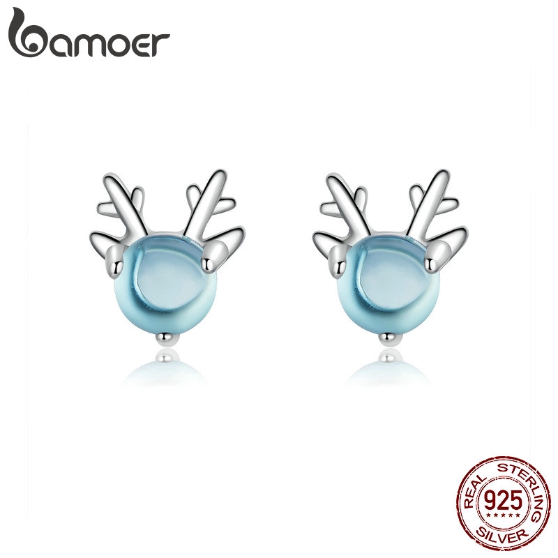 Bamoer Bông Tai bạc 925 Hình Sừng Hươu Đính Đá Thời Trang