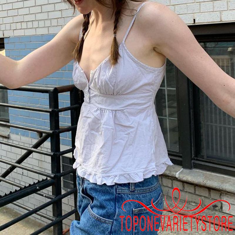 Topone-nữ Mùa Hè Áo hai dây Kẻ Sọc Chắc Chắn Không Tay Cổ Chữ V Sâu Ruffle Hem Sling Vest