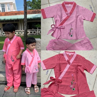 Nhật Nơ 3Nút Bé Gái Vải Tơ Lụa Mát # Đồ Bộ Bé Đi Chùa