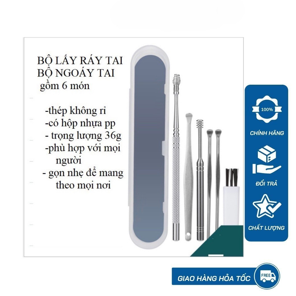 Bộ Dụng Cụ Ngoáy Tai 6 Món [🔥Chính Hãng🔥] - Bộ Lấy Ráy Tai Thép Không Rỉ 6 Món-Bộ Mát Xa Tai - Làm Sạch Tai Hiệu Qủa
