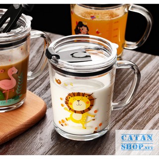 Cốc Thuỷ Tinh Hoạt Hình Pha Sữa Cho Bé, Ly Thủy Tinh Chia Vạch 350ml Nắp Đậy Kín Kèm Ống Hút