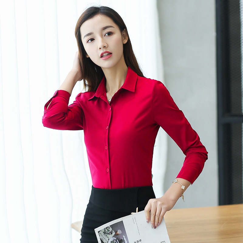 Áo sơ mi nữ dài tay màu xanh hải quân nữ công sở nữ OL Work Top Áo sơ mi
