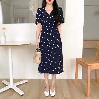 Đầm maxi Tay Ngắn Cổ Chữ v Chất chiffon Hoạ Tiết Hoa Cúc Phong Cách Hàn Quốc Size m-4xl Mới