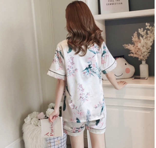 Bộ ngủ Pizama phi lụa đùi hoa lá, họa tiết, hoạt hình
