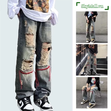 Quần Jeans nam bigsize quần bò nữ cao cấp quần jean Nam rách gối hàn quốc simple quần jean nam ống suông