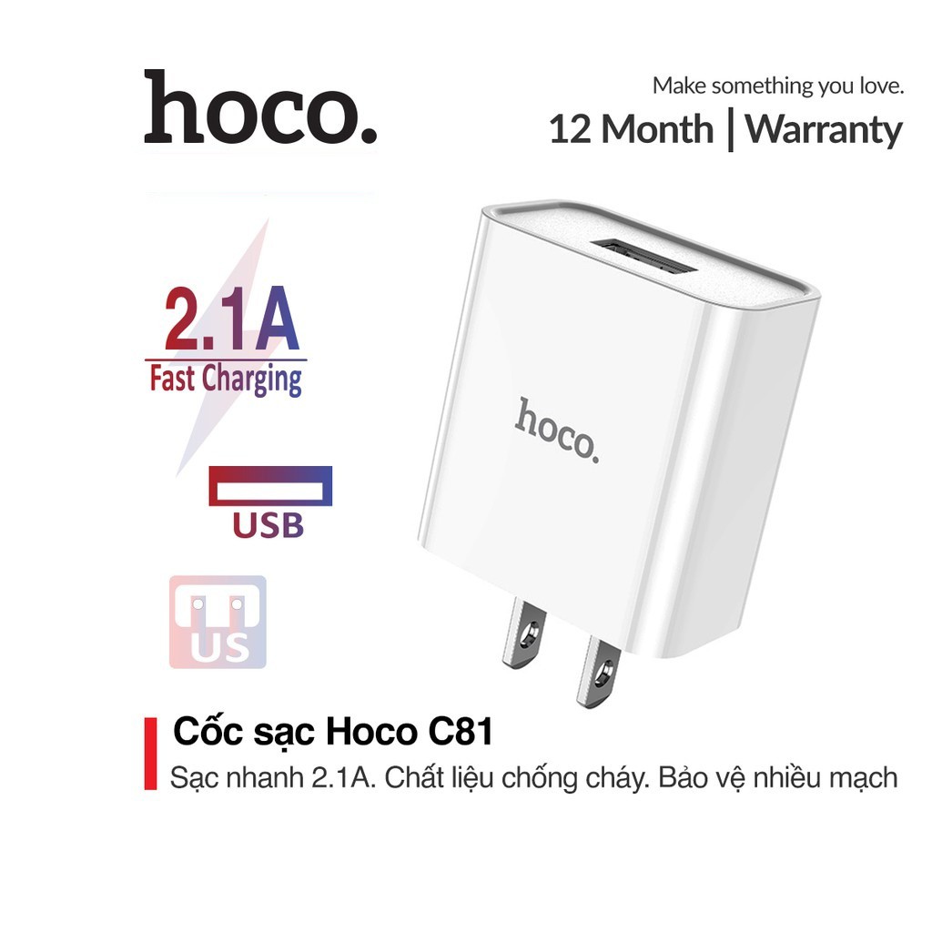 Củ sạc nhanh 2.1A Hoco C81 chất liệu chống cháy đầu ra USB đơn an toàn cho mọi thiết bị