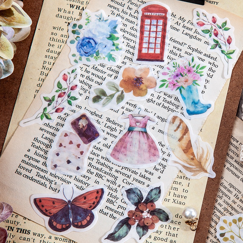 Sticker vintage cổ điển set 40 nhãn dán hoa lá trang trí sổ Dreamland Flower House HD45-K60
