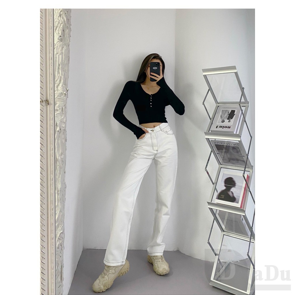 Ảnh Dadu Trắng Thẳng Quần Ống Rộng Hàn Quốc Plus Size Quần Denim Sàn Nhật Bản Quần Palazzo Quần Thường Ngày Quần Cao Cấp Quần Jean 3
