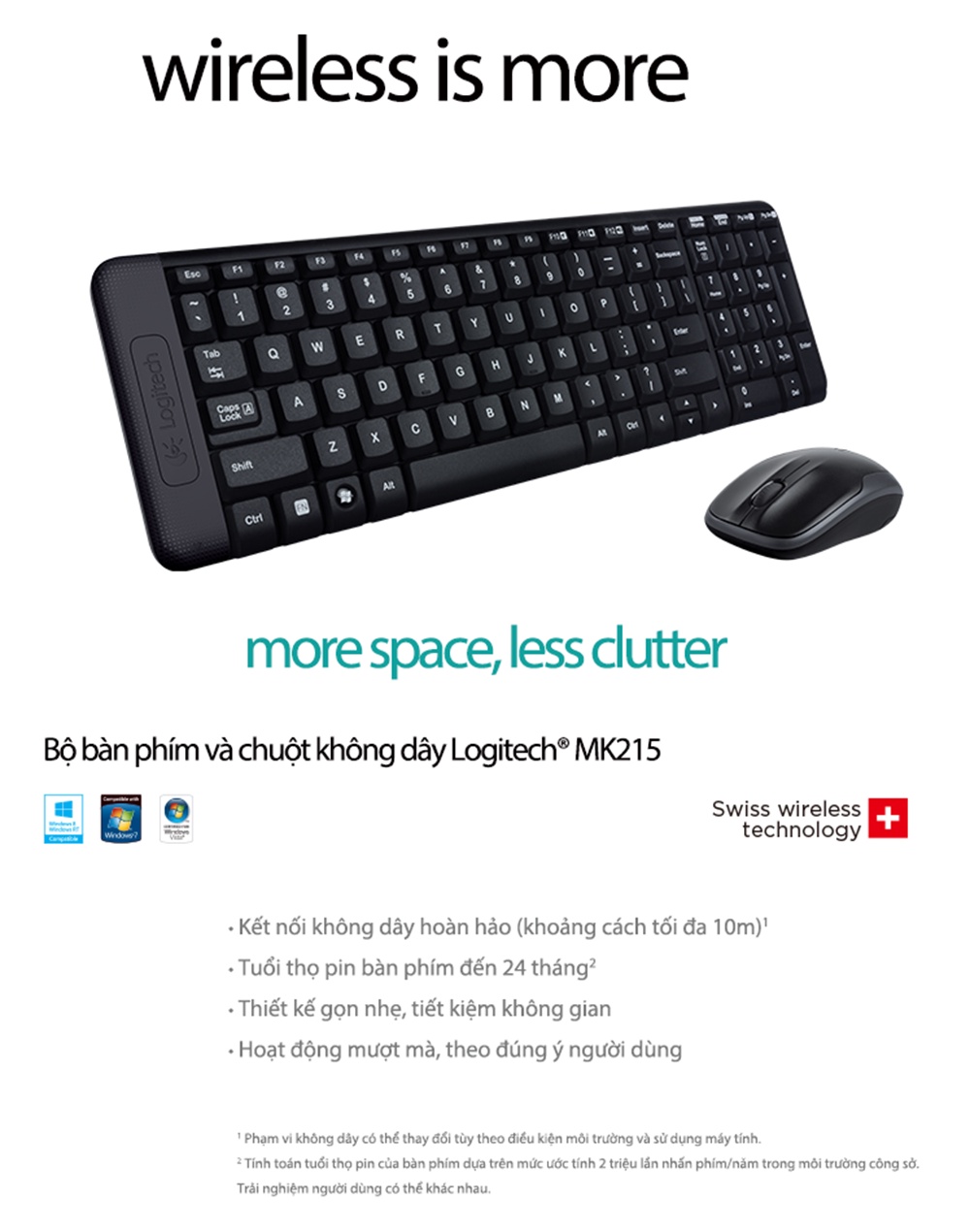 Mô tả Combo chuột phím không dây Logitech MK215 - nhỏ gọn, có phím số, 1 đầu thu USB - 1