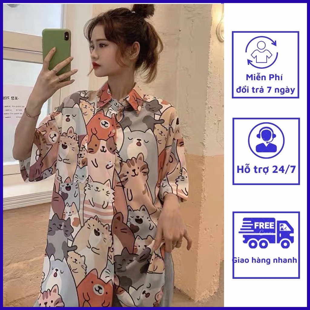 Áo sơ mi, áo sơ mi nam nữ unisex in hình mèo cute, chất vải poly mềm mát trẻ trung, cá tính MÃ-QC5
