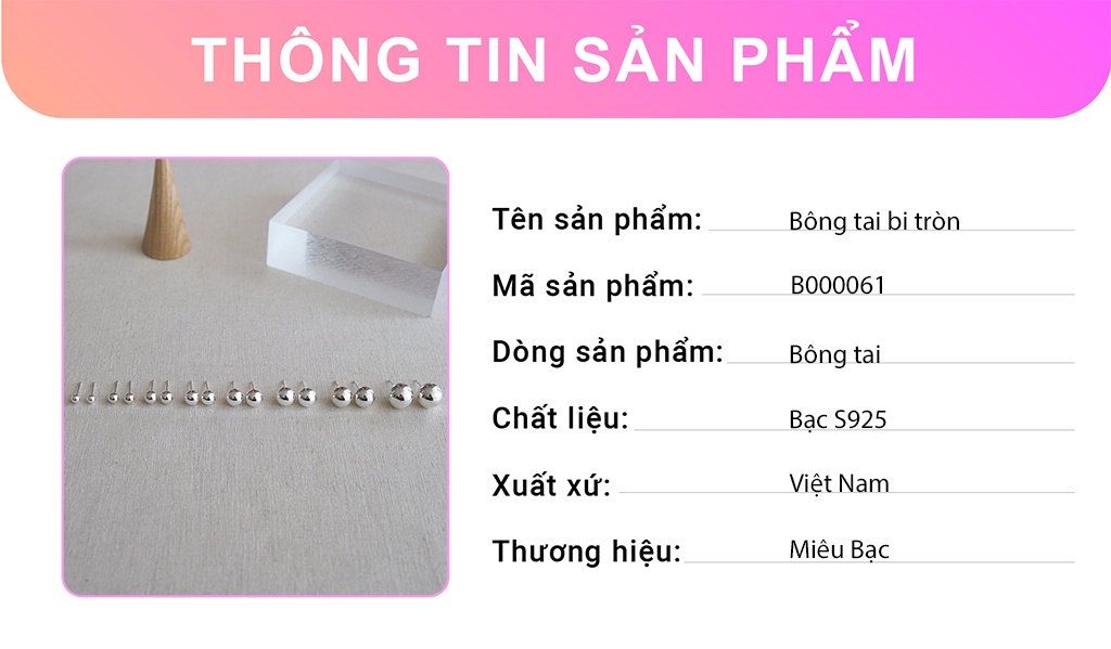Mô tả Bông tai bạc nữ bi tròn unisex Miêu Bạc khuyên tai nam nữ bi chất liệu bạc S925 thời trang phụ kiện trang sức B000061 - 2