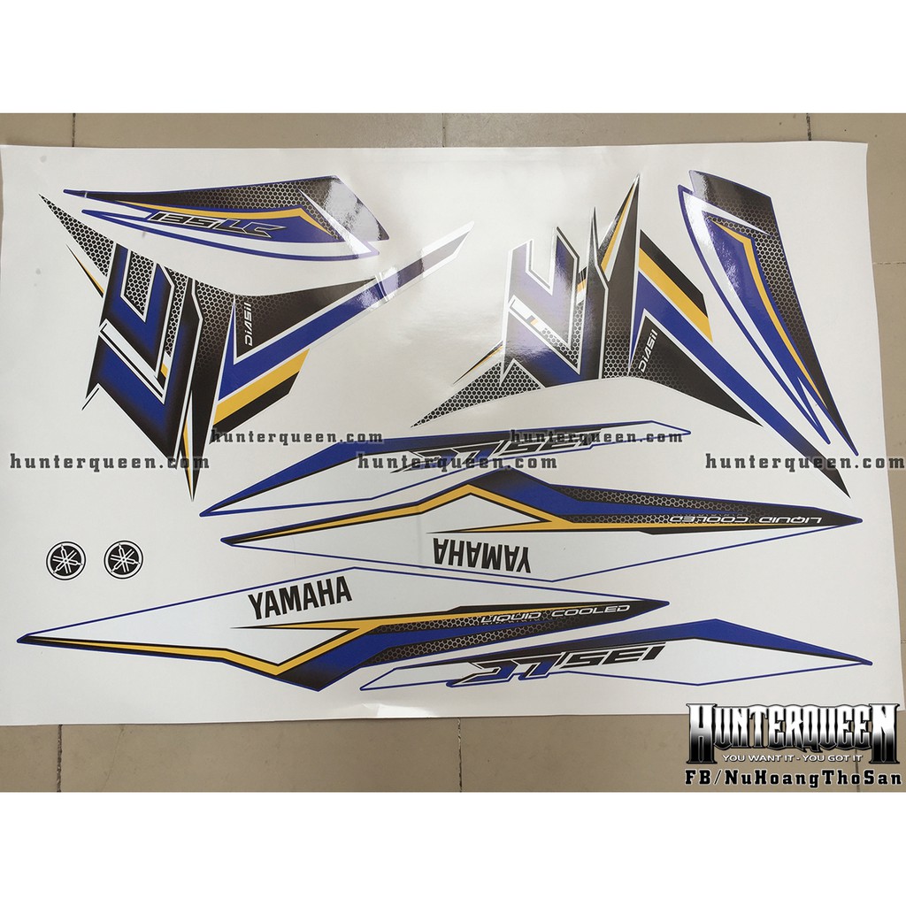 Tem rời Exciter 135, đời 2011-2014. Decal LC tổ ong, dán xe xanh GP + bửng trước màu trắng