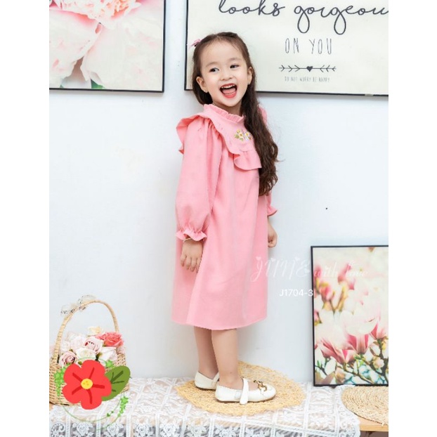 Váy Thu Đông Cao Cấp Thêu Hoa Cho Bé Gái 1-10 Tuổi Nhung Tăm Váy Bé Gái Dài Tay Màu Hồng, Màu đỏ Baby Doll Dáng A