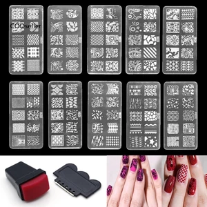 Bộ tấm khuôn + con dấu + dụng cụ miết lấy sơn thừa dùng để trang trí móng nghệ thuật