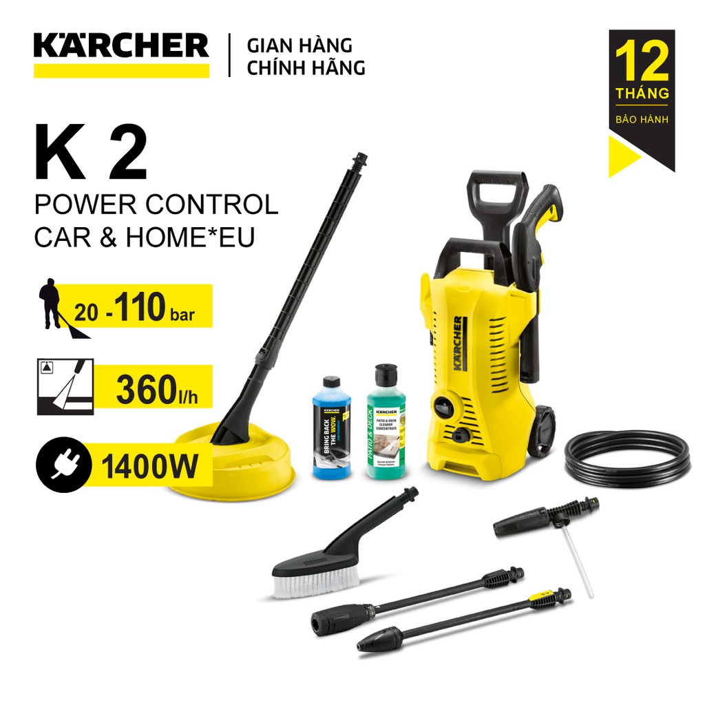 (Sản xuất Đức) Máy xịt rửa xe Karcher K2 power control car and home áp lực 20-110 bar, dây áp lực 5 mét