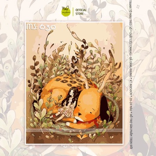 Tranh số hóa tự tô Madoca có khung 40x50cm chú cún và Cô Bé Tóc Rối T630