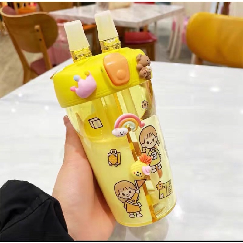 Bình nước 2 ngăn 430ml tặng kèm dán 3D và dây đeo