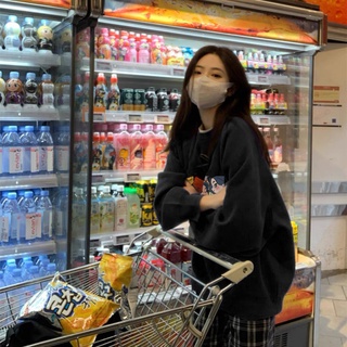Áo Sweater Cổ Tròn Dáng Rộng In Họa Tiết Màu Đen Thời Trang Mùa Thu Cho Nữ