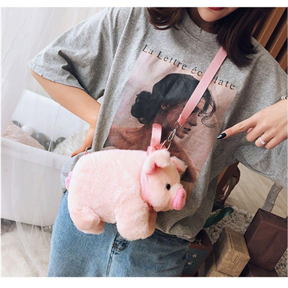 HOBBYIN Túi xách đeo chéo lông hồng hoạt hình lợn cho nữ, phong cách thời trang