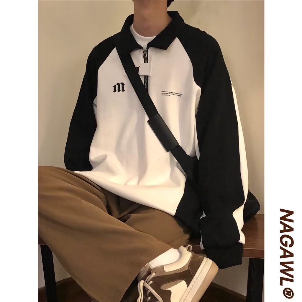 Áo Sweater POLO Dáng Rộng Tay Dài Cổ Đứng Phối Màu Trắng Đen Tương Phản ...