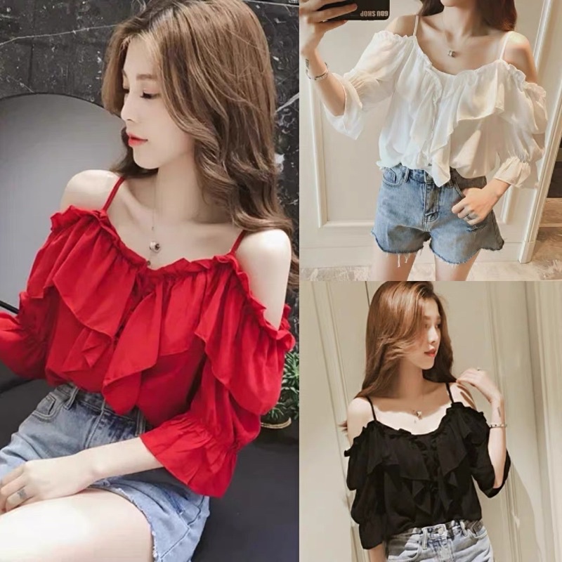 Áo Sơ Mi Trễ Vai 2 Dây Bèo Ngực Phong Cách Hàn Quốc Tay Lỡ Sm06 | Shopee  Việt Nam