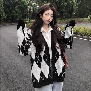Áo Khoác Cardigan Nữ Kẻ Thoi Form Rộng Đen/ Hồng Chất Nỉ New