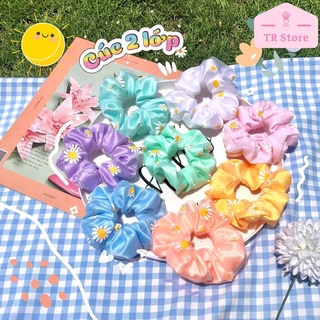 Scrunchies hoa cúc hai lớp dày dặn, dây buột tóc, cột tóc hình cúc trắng