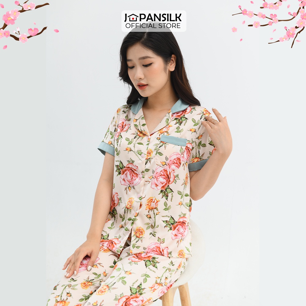 Ảnh Đồ Mặc Nhà Lụa Satin Nhật Cộc Tay JAPAN SILK Họa Tiết Hoa Hồng Sang Trọng 3