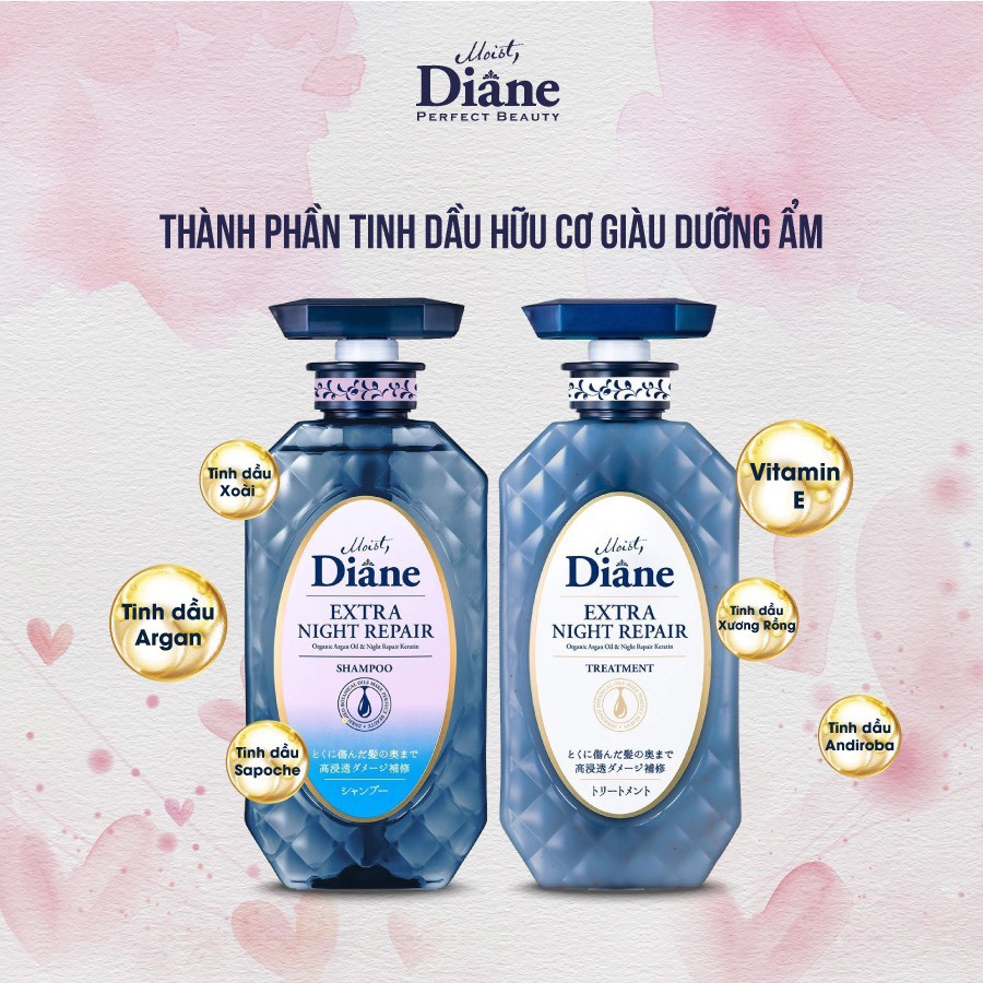 Dầu gội xả Nhật Bản Diane extra night repair Dùng cho tóc hư tổn,giảm gãy  rụng, ngừa tóc lão hóa sớm