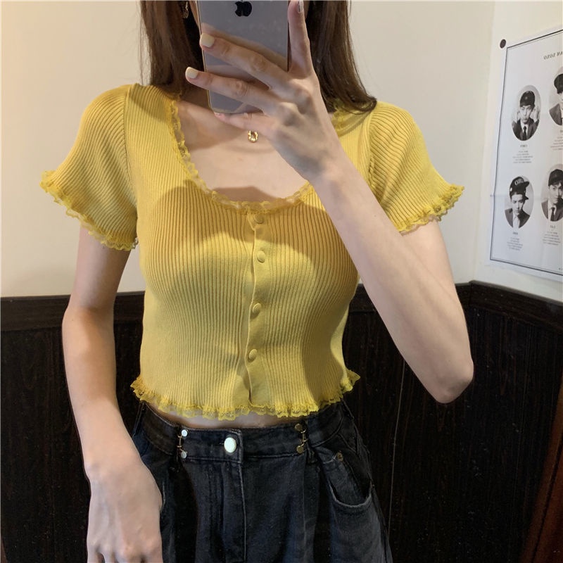 Áo thun dệt kim ngắn tay cổ vuông cạp cao phối ren thời trang hè